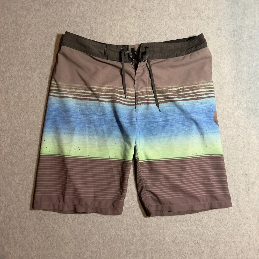 Mens Hurley Board Shorts Size 30 Gray Blue Green Striped Swim Trunks Surf
